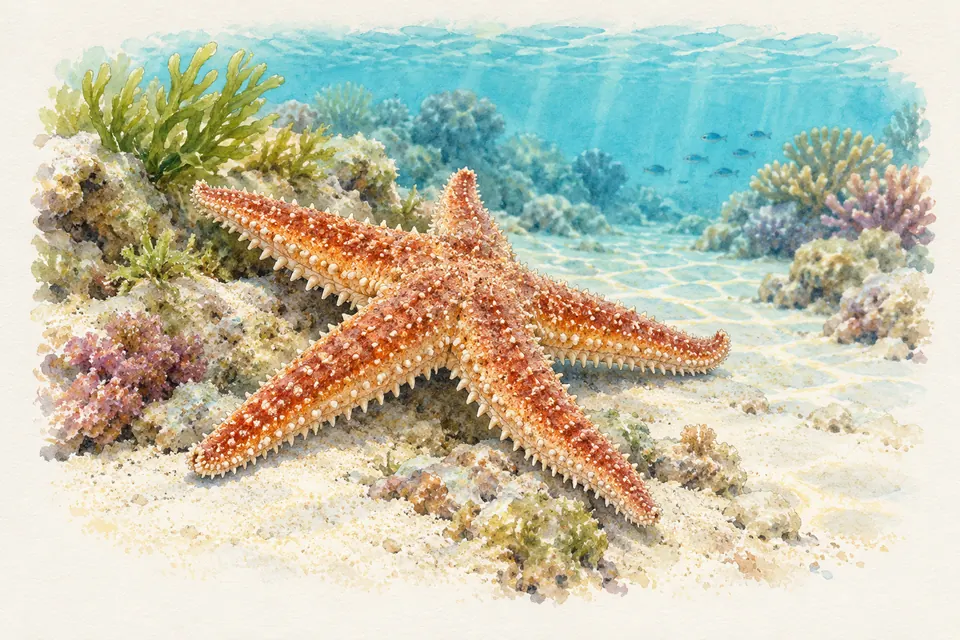 Planche naturaliste aquarelle : Étoile de mer (Asterias rubens (espèce commune des côtes françaises)).
