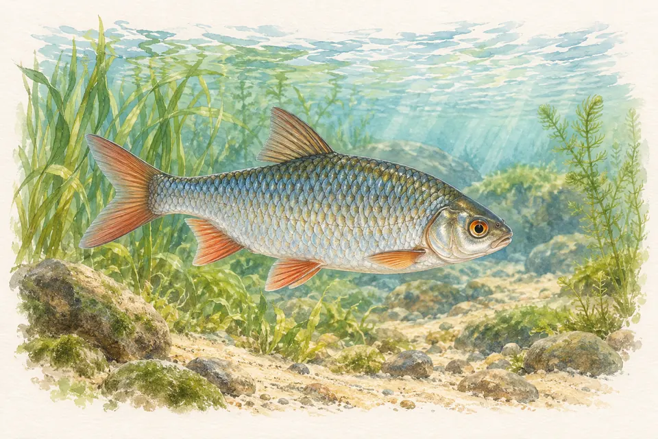 Planche naturaliste aquarelle : Gardon (Rutilus rutilus).