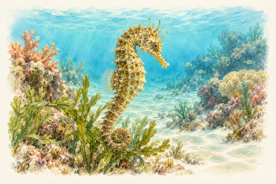 Planche naturaliste aquarelle : Hippocampe (Hippocampus guttulatus / Hippocampus hippocampus (espèces de France)).