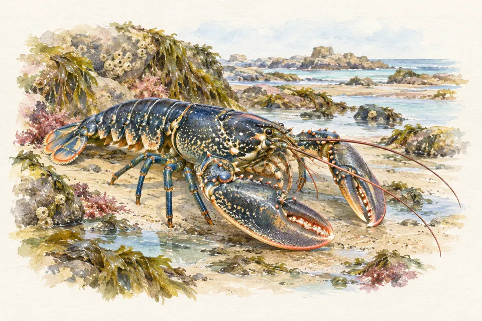 Planche naturaliste aquarelle : Homard (Homarus gammarus (homard européen)).