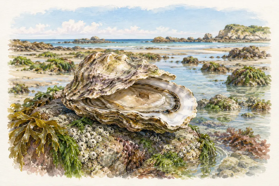 Planche naturaliste aquarelle : Huître (Magallana gigas (huître creuse, largement cultivée en France)).