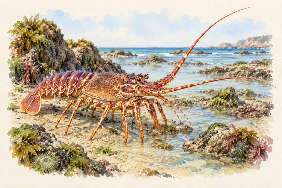 Planche naturaliste aquarelle : Langouste (Palinurus elephas (langouste rouge)).
