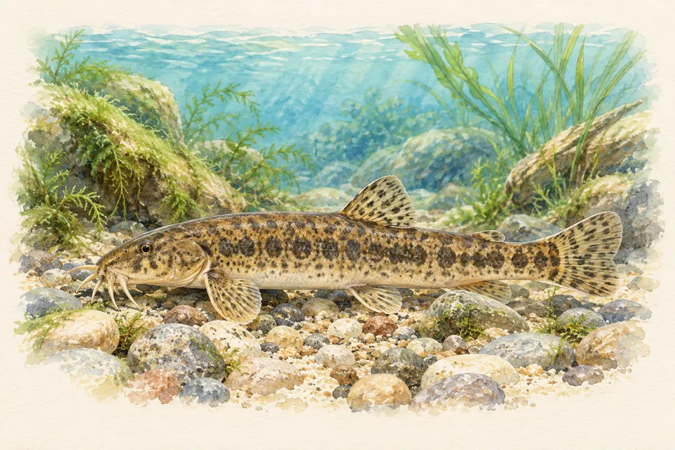 Planche naturaliste aquarelle : Loche franche (Barbatula barbatula).