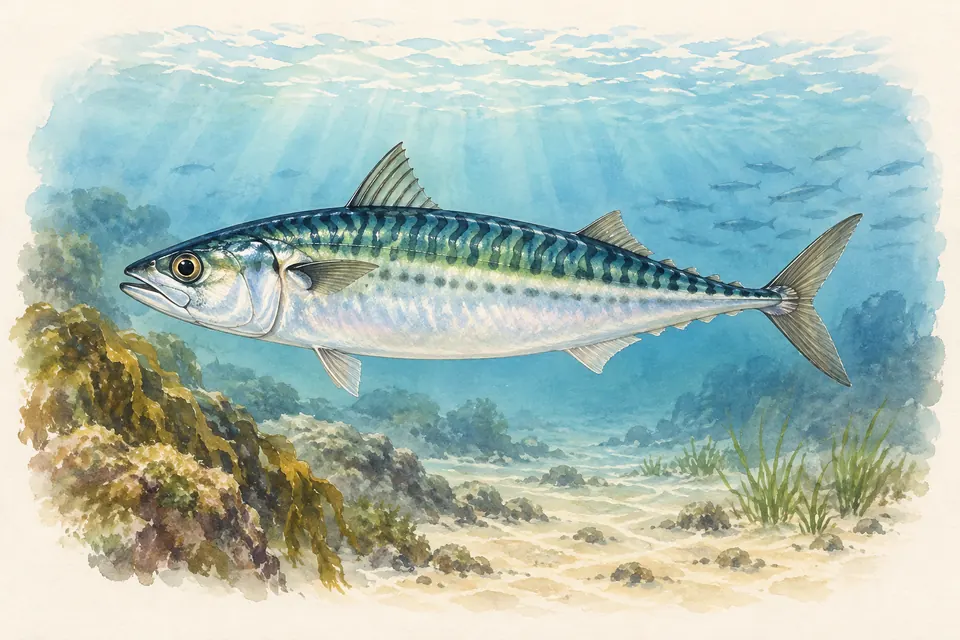 Planche naturaliste aquarelle : Maquereau (Scomber scombrus).