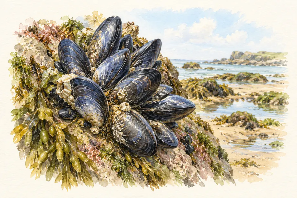 Planche naturaliste aquarelle : Moule (Mytilus edulis (moule commune)).