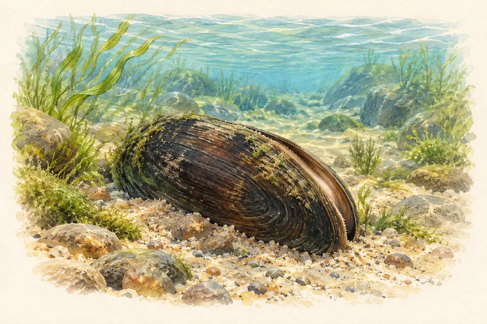 Planche naturaliste aquarelle : Mulette perlière (Margaritifera margaritifera).