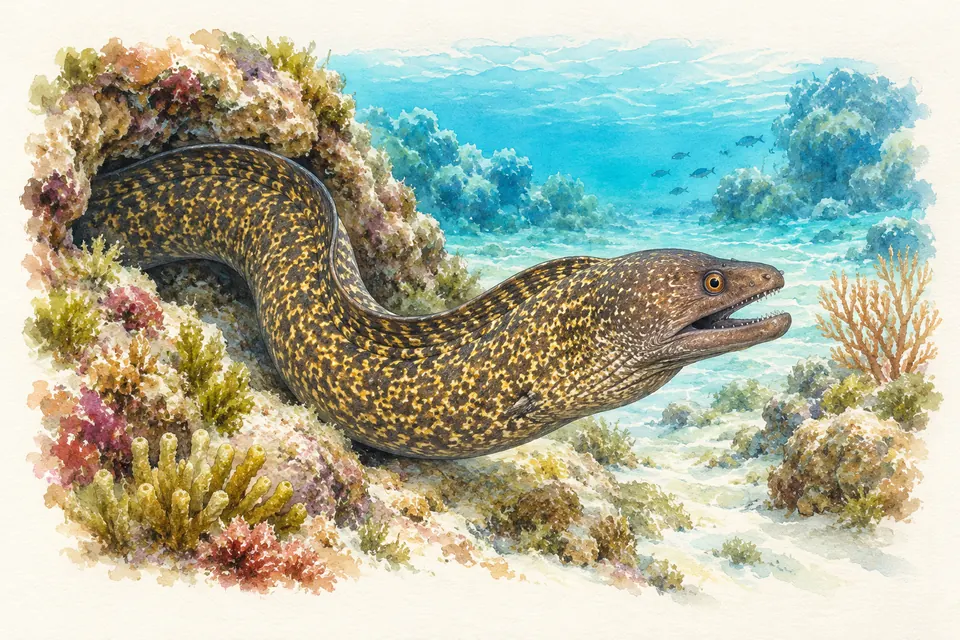 Planche naturaliste aquarelle : Murène (Muraena helena (murène commune, Méditerranée)).