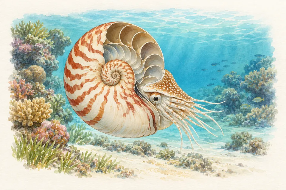 Planche naturaliste aquarelle : Nautile (Nautilus pompilius (une espèce courante du genre)).