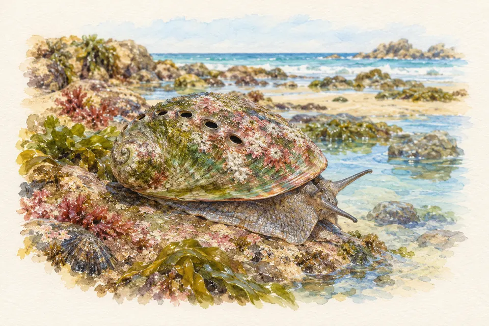 Planche naturaliste aquarelle : Ormeau (Haliotis tuberculata).