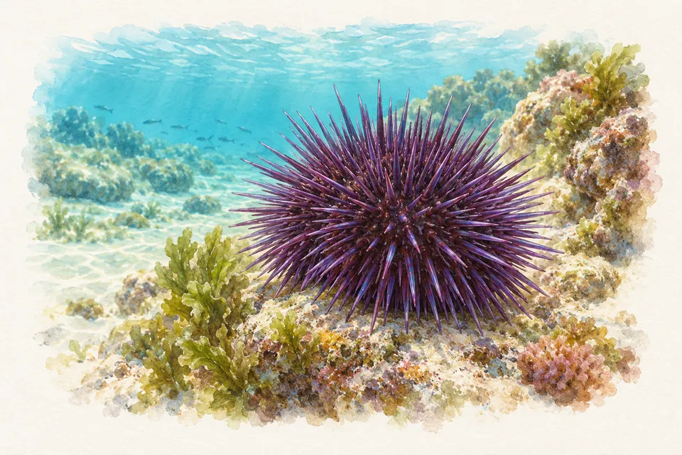 Planche naturaliste aquarelle : Oursin (Paracentrotus lividus (oursin violet, espèce commune des côtes françaises)).