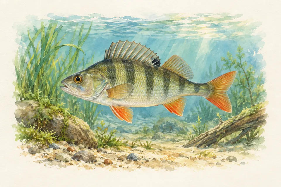 Planche naturaliste aquarelle : Perche commune (Perca fluviatilis).