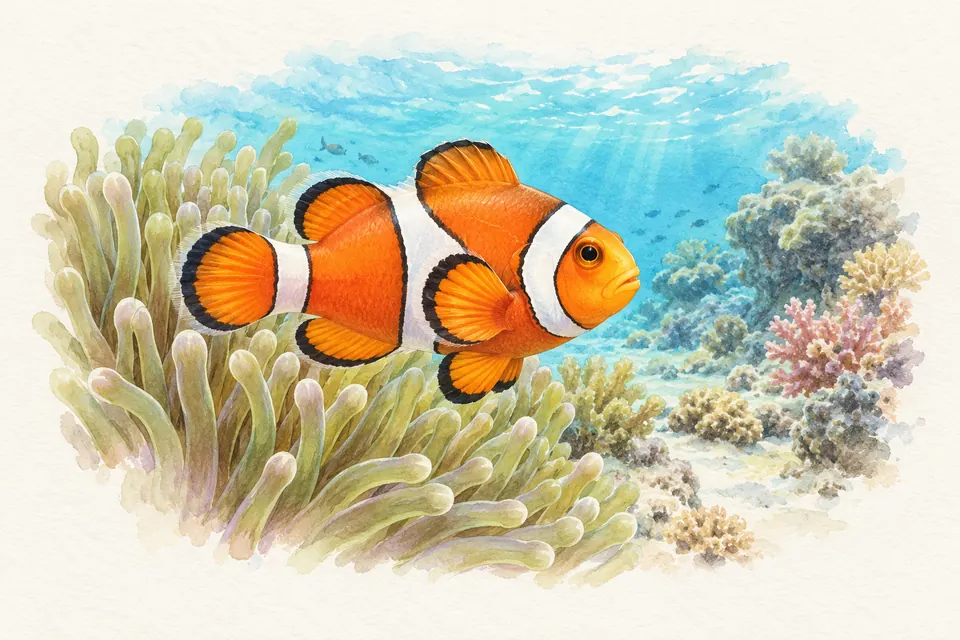 Planche naturaliste aquarelle : Poisson-clown (Amphiprioninae (plusieurs espèces, dont Amphiprion ocellaris)).