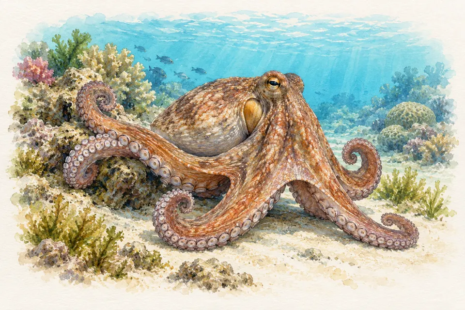 Planche naturaliste aquarelle : Poulpe (Octopus vulgaris).
