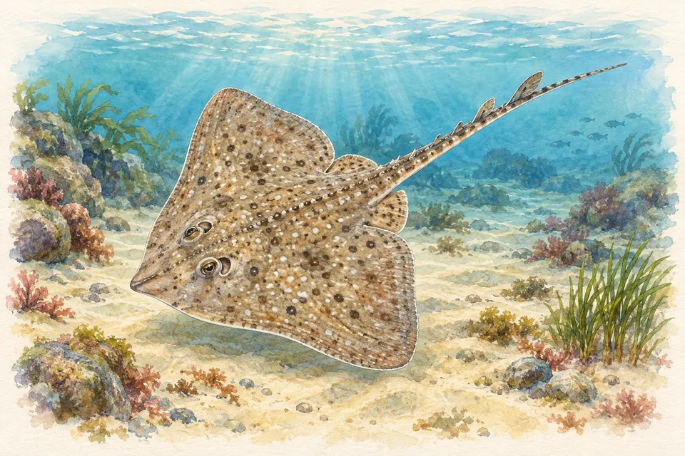 Planche naturaliste aquarelle : Raie commune (Raja clavata (raie bouclée)).