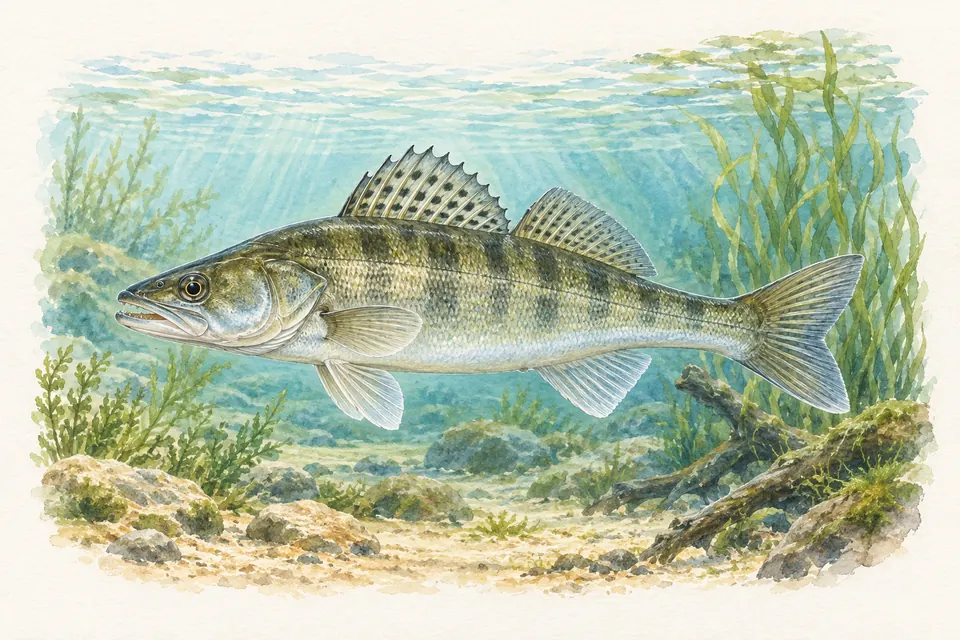 Planche naturaliste aquarelle : Sandre (Sander lucioperca).