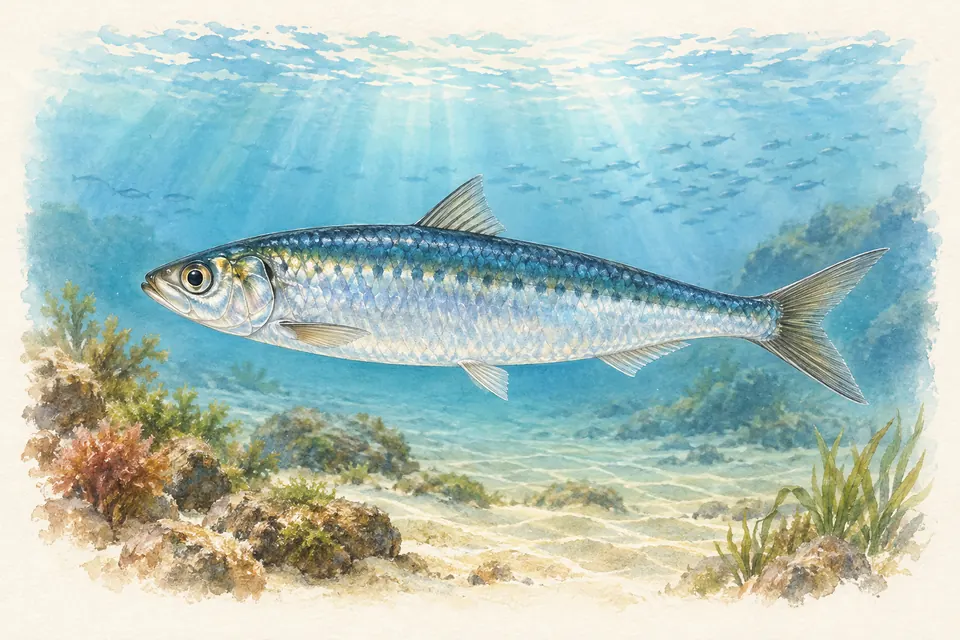 Planche naturaliste aquarelle : Sardine (Sardina pilchardus).