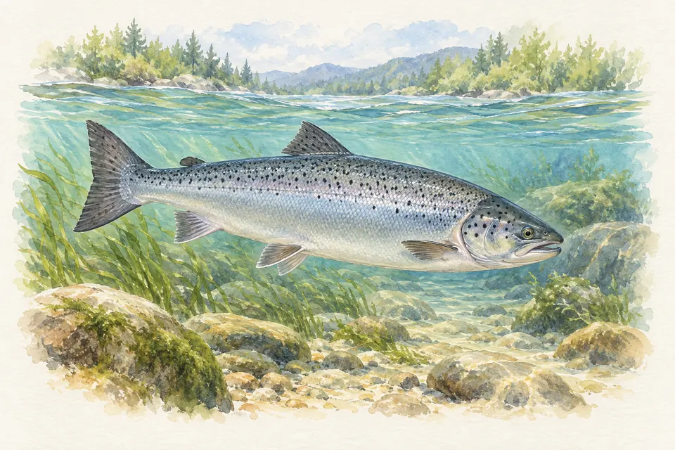 Planche naturaliste aquarelle : Saumon atlantique (Salmo salar).