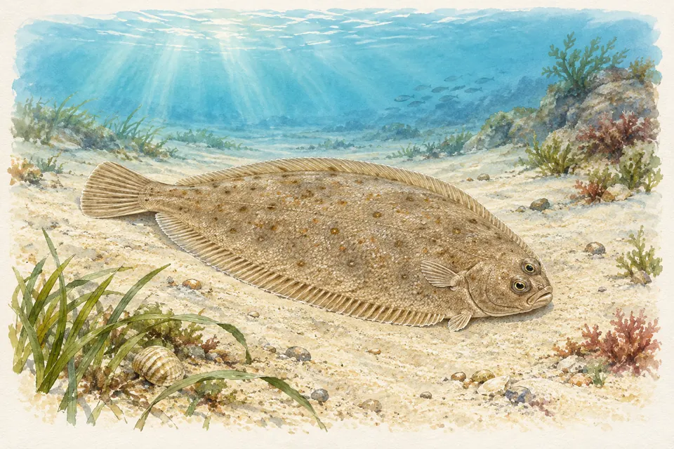 Planche naturaliste aquarelle : Sole (Solea solea (sole commune)).