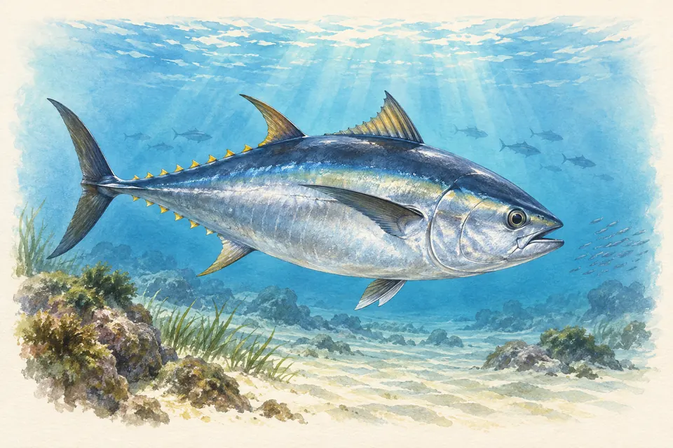 Planche naturaliste aquarelle : Thon rouge (Thunnus thynnus).