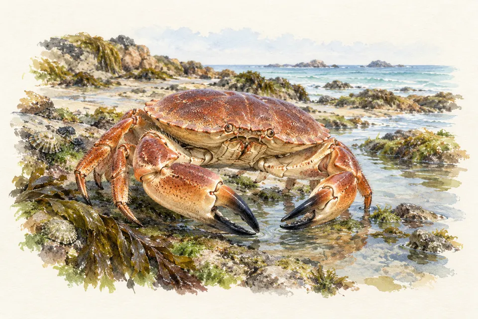 Planche naturaliste aquarelle : Tourteau (Cancer pagurus).