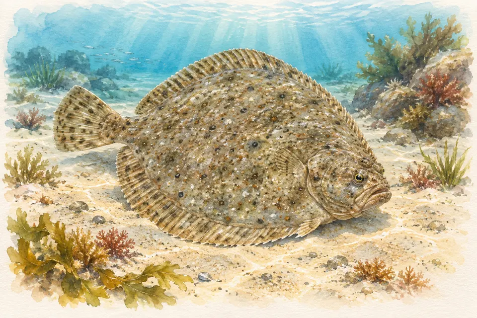 Planche naturaliste aquarelle : Turbot (Scophthalmus maximus).