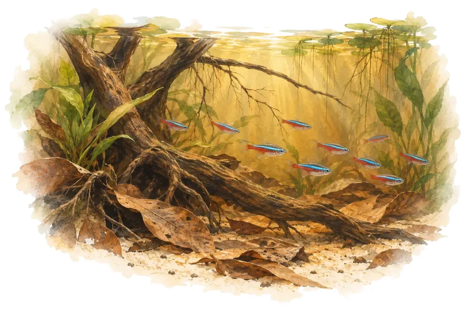 Un biotope d'eaux noires d'Amazonie : eau ambrée, branches, feuilles mortes et cardinalis.