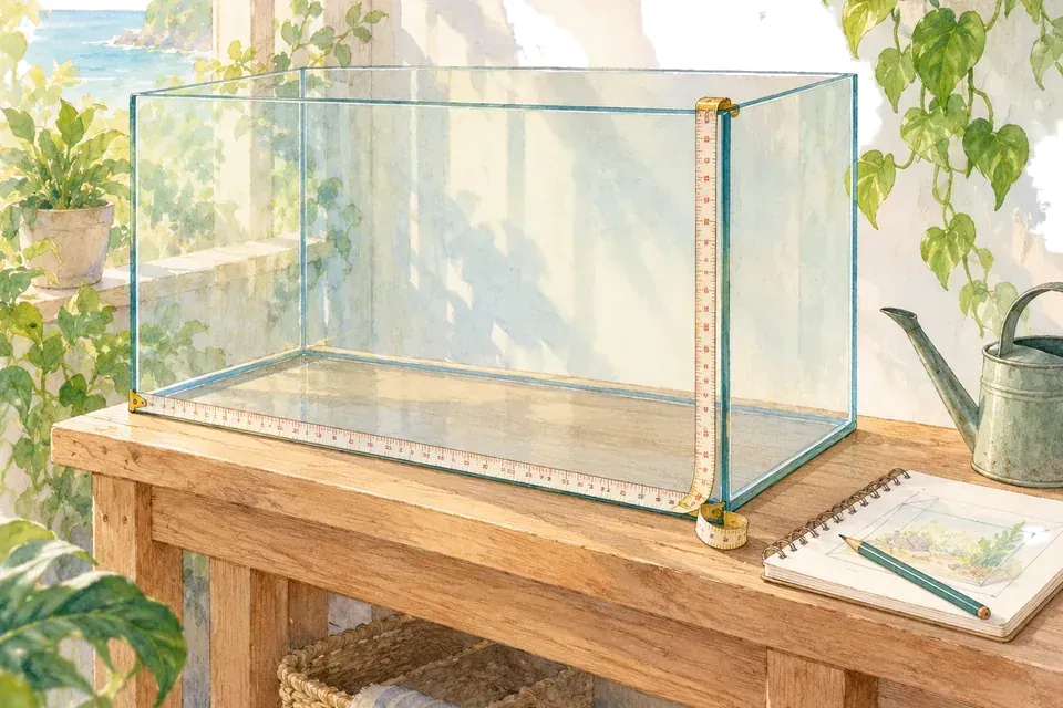 Un mètre ruban en tissu mesure la longueur et la hauteur d’un aquarium en verre vide posé sur un support en bois, tandis qu’un carnet et un crayon sont déposés à côté et qu’un arrosoir attend près de l’aquarium, dont le verre vide est éclairé par la lumière du matin.