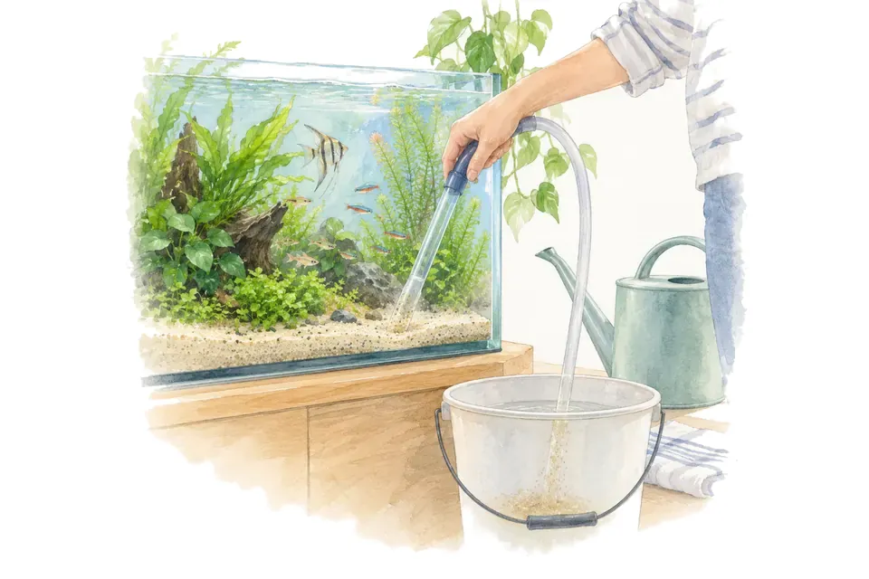 Une main siphonne le sable d'un aquarium vers un seau ; un arrosoir d'eau neuve attend.