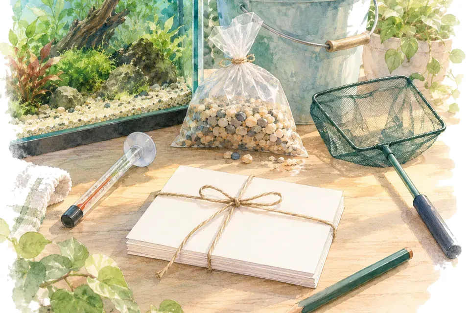 Sur une table, une petite pile de fiches vierges sans inscription ni marque est attachée avec une ficelle, à côté d’un crayon, d’une épuisette, d’un thermomètre adhésif, d’un petit sac de gravier et d’un seau, dans la lumière du matin.