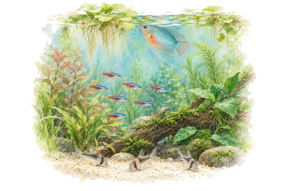 Un aquarium en trois couches : un gourami en surface, des tétras au milieu, des corydoras au fond.