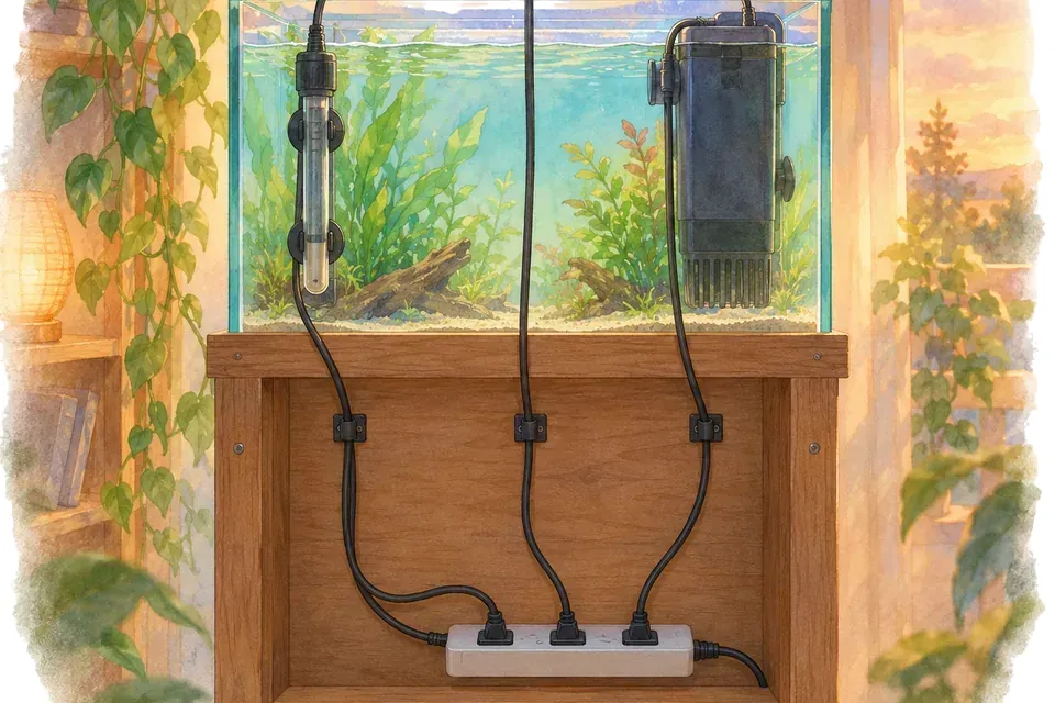 L’arrière d’un meuble d’aquarium laisse voir une multiprise sans inscription et des câbles reliés à un petit chauffage et à un filtre interne dans l’eau, ainsi qu’à une rampe LED au-dessus du bac, dans la lumière du soir.