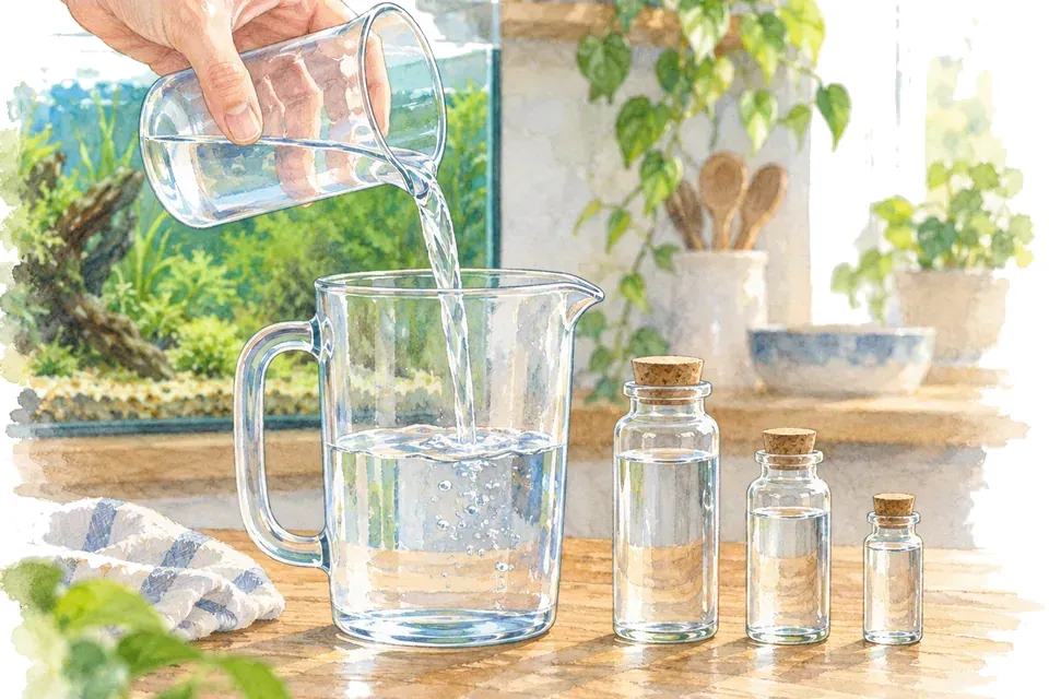 Une main verse de l’eau d’un petit bécher en verre sans graduations dans une éprouvette plus haute et sans graduations posée sur une table en bois, tandis que trois flacons en verre de tailles différentes sont alignés à côté.