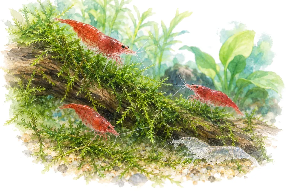 Des crevettes rouges broutent la mousse de Java ; une mue vide repose à côté.