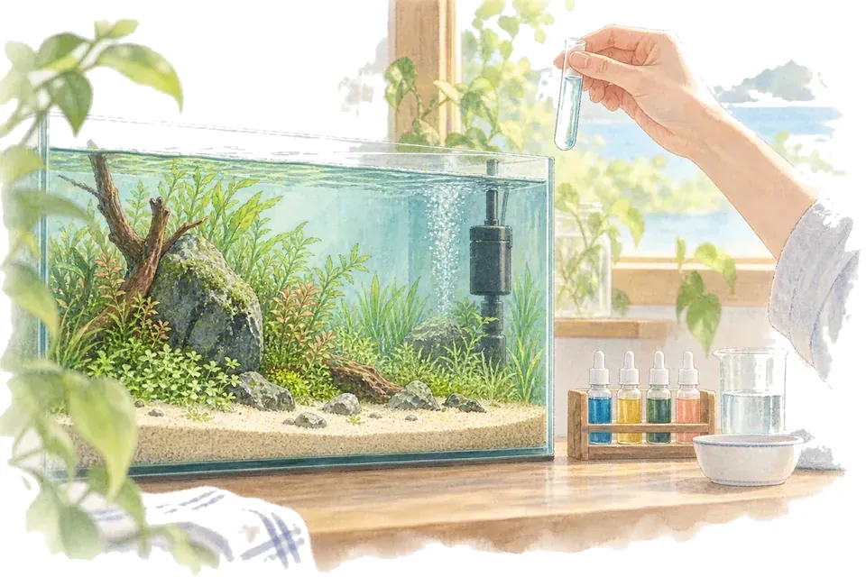 Un aquarium planté rempli d’eau et sans poissons contient un petit filtre interne qui libère un flux de fines bulles, tandis qu’une main plonge un tube à essai en verre dans un échantillon d’eau puis le tient à la lumière, à côté d’un petit portoir de flacons de réactifs colorés.