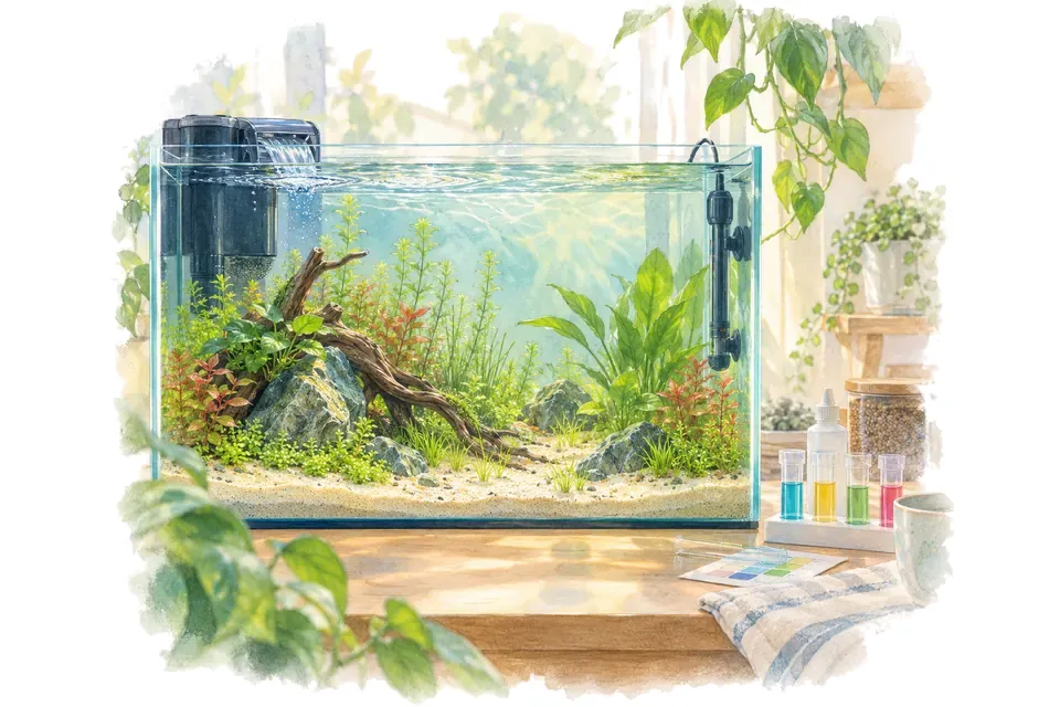 Un aquarium planté tout juste installé, sans poissons : filtre, chauffage et kit de tests posé à côté.