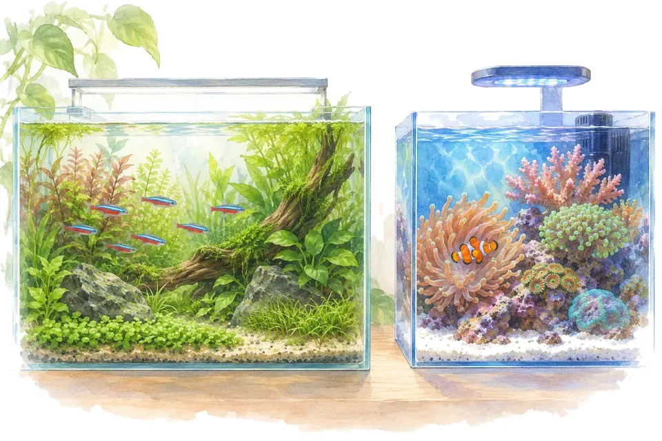 Un aquarium d'eau douce planté et un petit aquarium récifal, côte à côte.