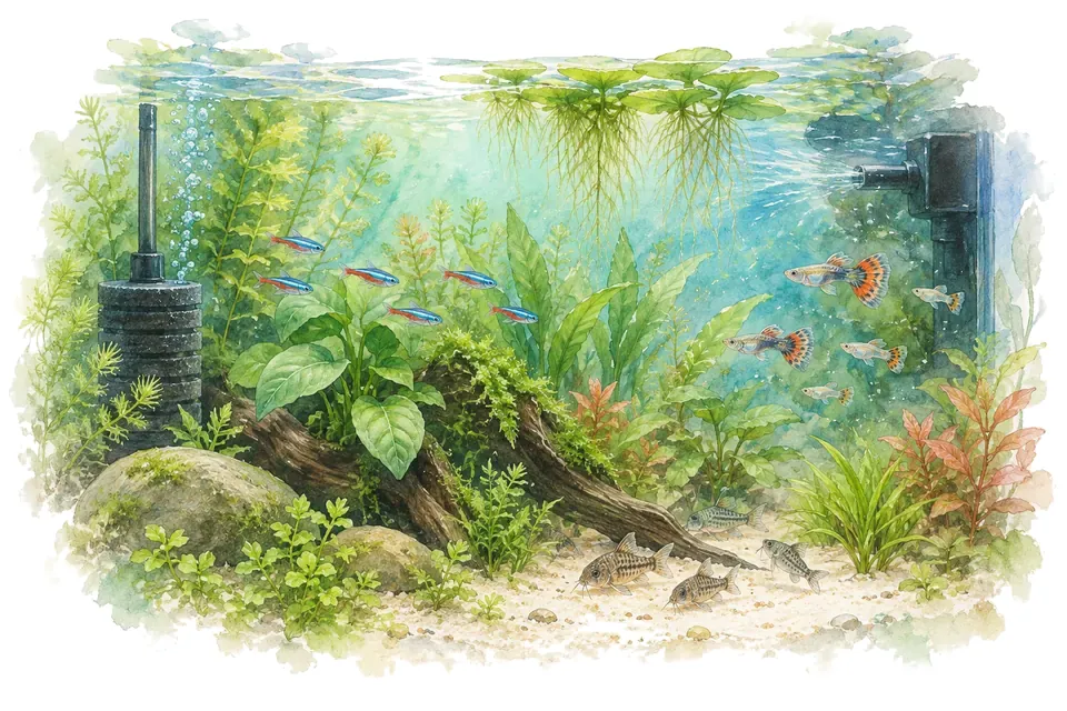 Un aquarium planté avec un filtre éponge qui libère de fines bulles.