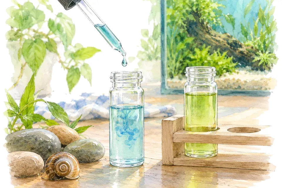 Sur une table, un compte-gouttes verse une goutte dans un petit flacon en verre contenant de l’eau d’aquarium, à côté d’un second flacon d’une teinte différente placé dans un petit support simple, avec quelques galets de rivière lisses et une petite coquille d’escargot en spirale à proximité, les deux flacons étant dépourvus de marquages et de graduations.