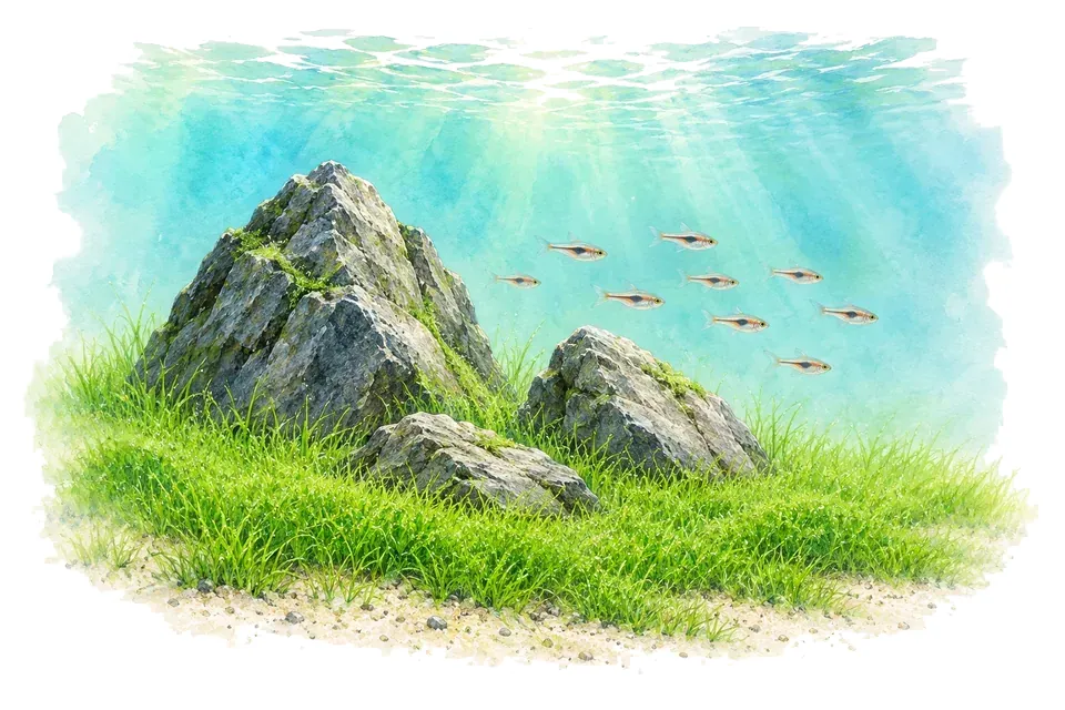 Trois pierres grises de tailles différentes sont regroupées de façon asymétrique dans un aquarium iwagumi, avec un tapis bas d’herbe naine vert vif couvrant le sable au premier plan et un petit banc de rasboras pâles nageant au-dessus dans une eau claire traversée de doux rayons lumineux.