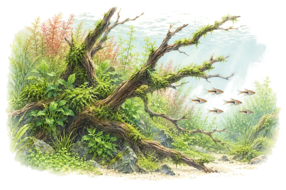 Un aquascape de style Nature Aquarium : grande racine, mousse, plantes à tiges et rasboras.