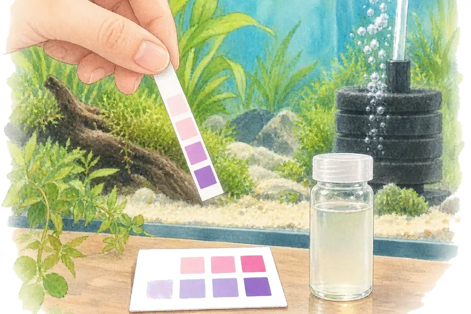 Une main tient une bandelette de test colorimétrique au-dessus d’une petite carte de référence portant des carrés roses et violets sans chiffres ni lettres, à côté d’un flacon en verre contenant de l’eau d’aquarium légèrement trouble, tandis qu’un filtre à éponge libère des bulles dans l’aquarium à l’arrière-plan.