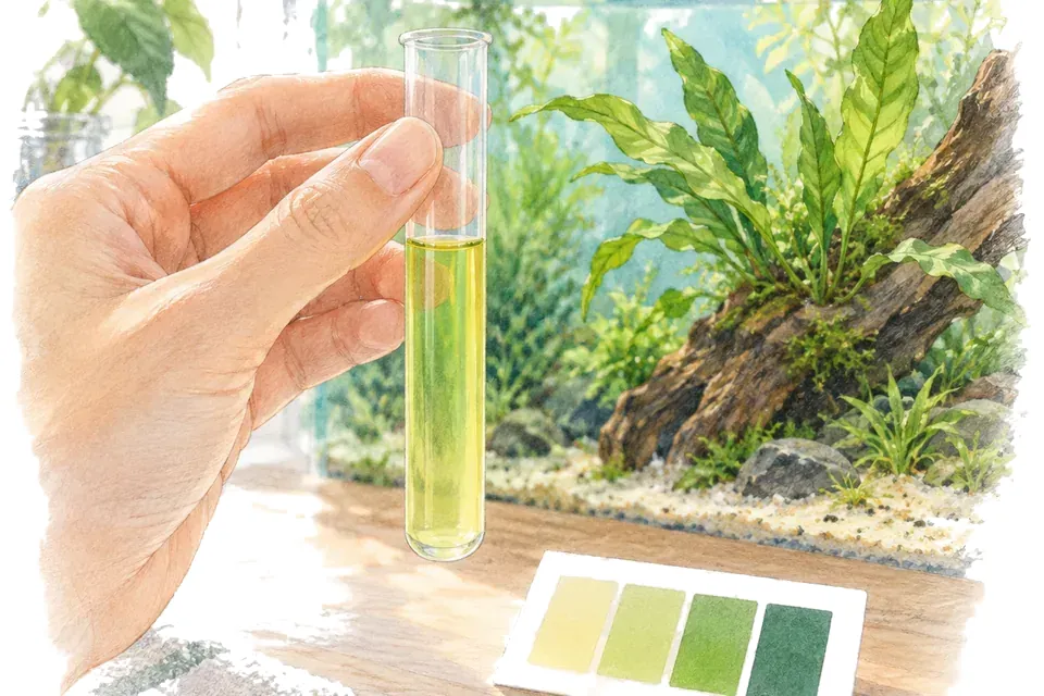 Une main tient à contre-jour un tube à essai en verre rempli d’eau d’aquarium jaune-verte, à côté d’une carte de référence vierge composée de plages de couleurs unies, tandis qu’une fougère de Java et un morceau de bois flotté apparaissent en arrière-plan dans le bac.