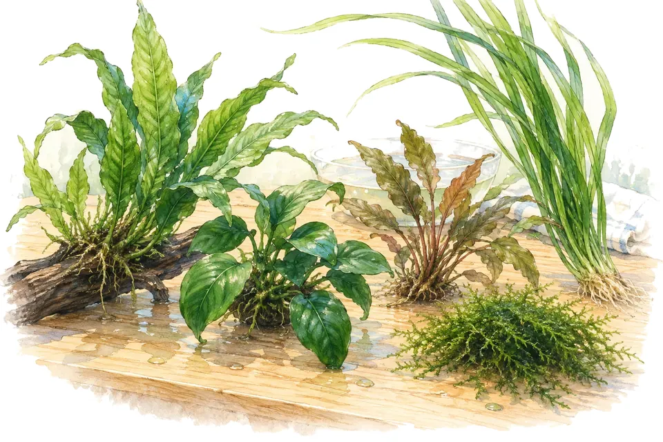 Des plantes faciles posées avant plantation : fougère de Java sur bois, anubias, cryptocoryne, vallisnérie, mousse.