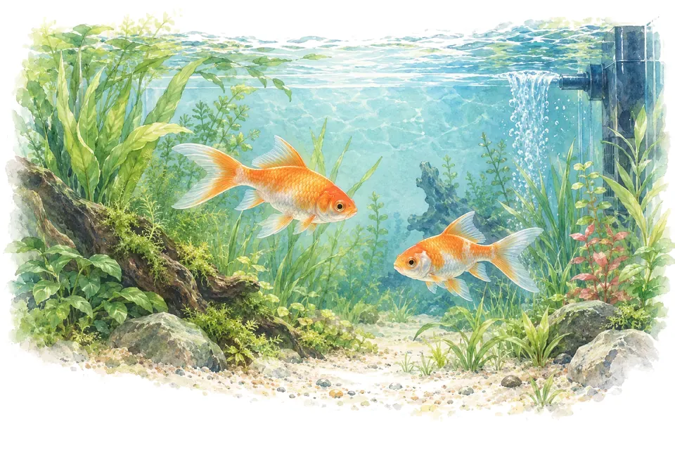 Deux poissons rouges à queue simple dans un grand aquarium planté et filtré.