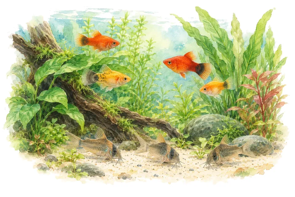 Un aquarium communautaire paisible : platys, banc de tétras et corydoras sur le sable.