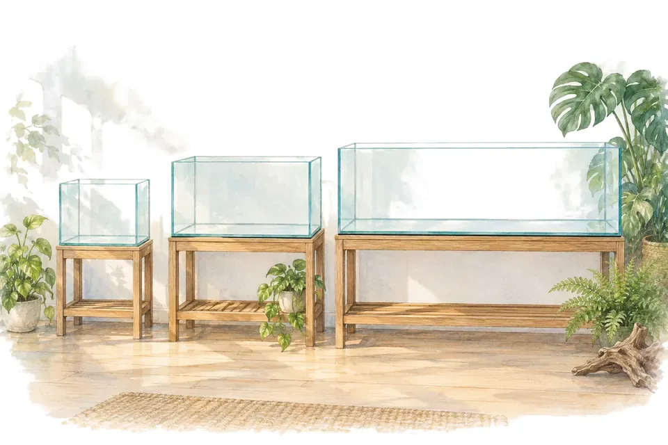 Trois aquariums vides de tailles croissantes sur des meubles en bois.