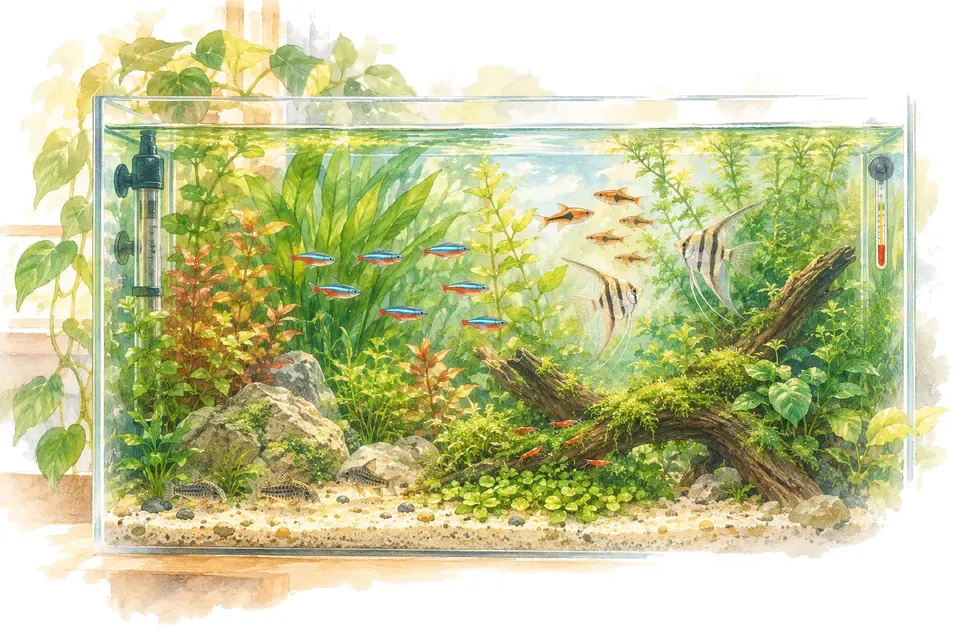 Un aquarium tropical planté avec son chauffage et son thermomètre, dans la lumière de l'après-midi.