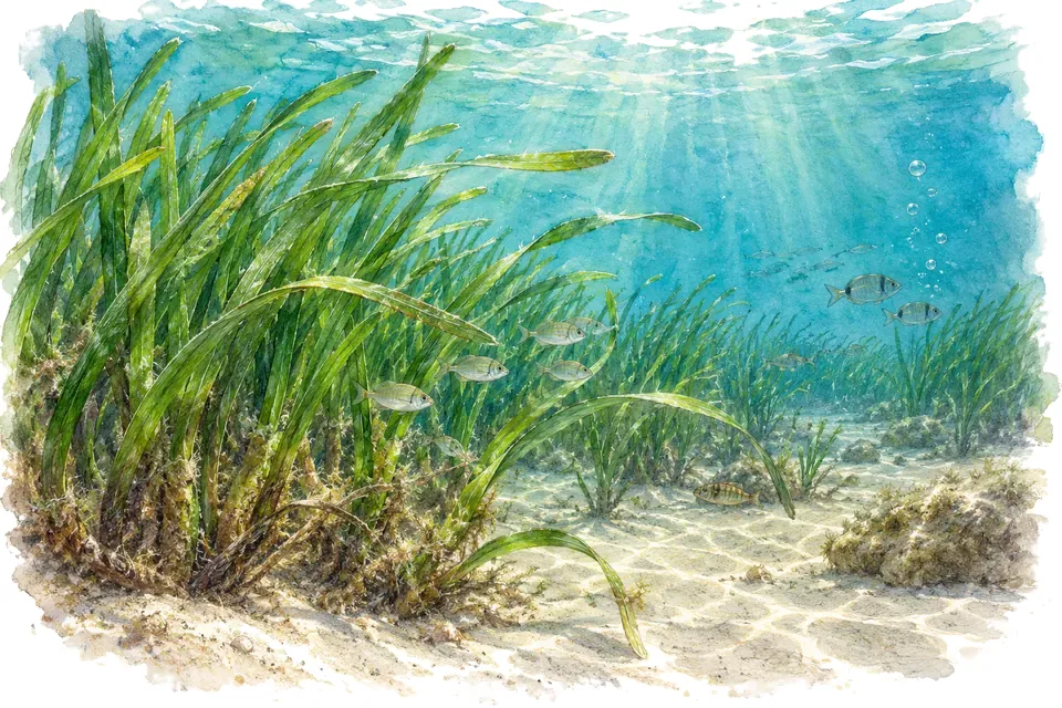 Illustration aquarelle : Journée mondiale des herbiers marins.