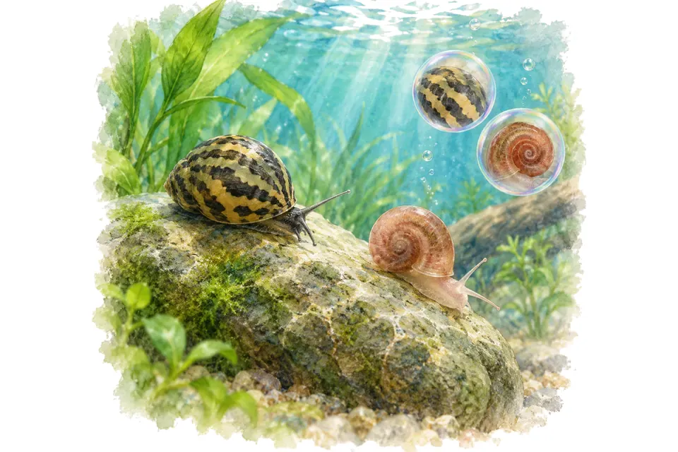 Illustration aquarelle : Noms d'escargots d'aquarium : 45 idées tendres.