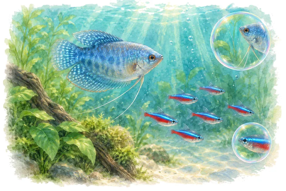 Illustration aquarelle : Noms de poissons bleus : 45 idées faciles à retenir.